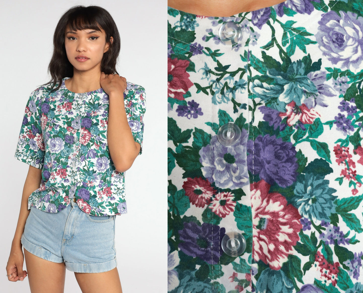 80s Floral Button-Up Blouse Short Sleeve Shirt Cotton Blend Large L