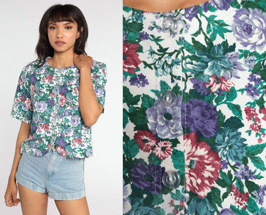 80s Floral Button-Up Blouse Short Sleeve Shirt Cotton Blend Large L