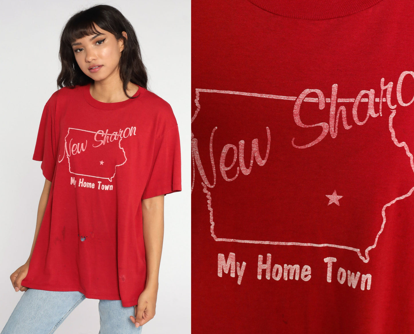 80s New Sharon Iowa Graphic T-Shirt Single Stitch Red Extra Large