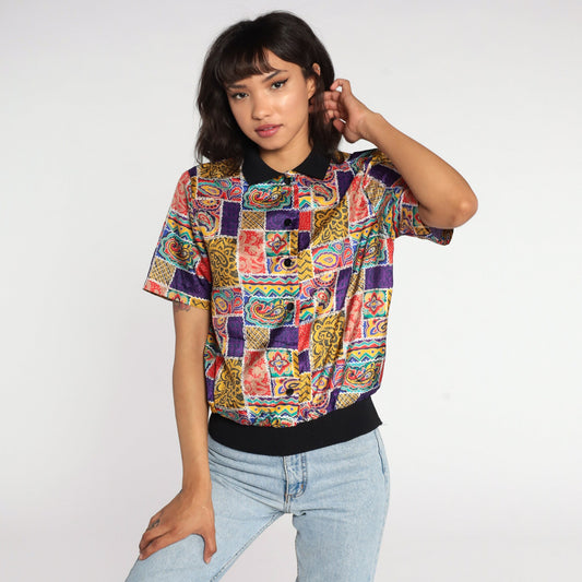 90s Paisley Print Button-Up Shirt Short Sleeve Blouse Medium