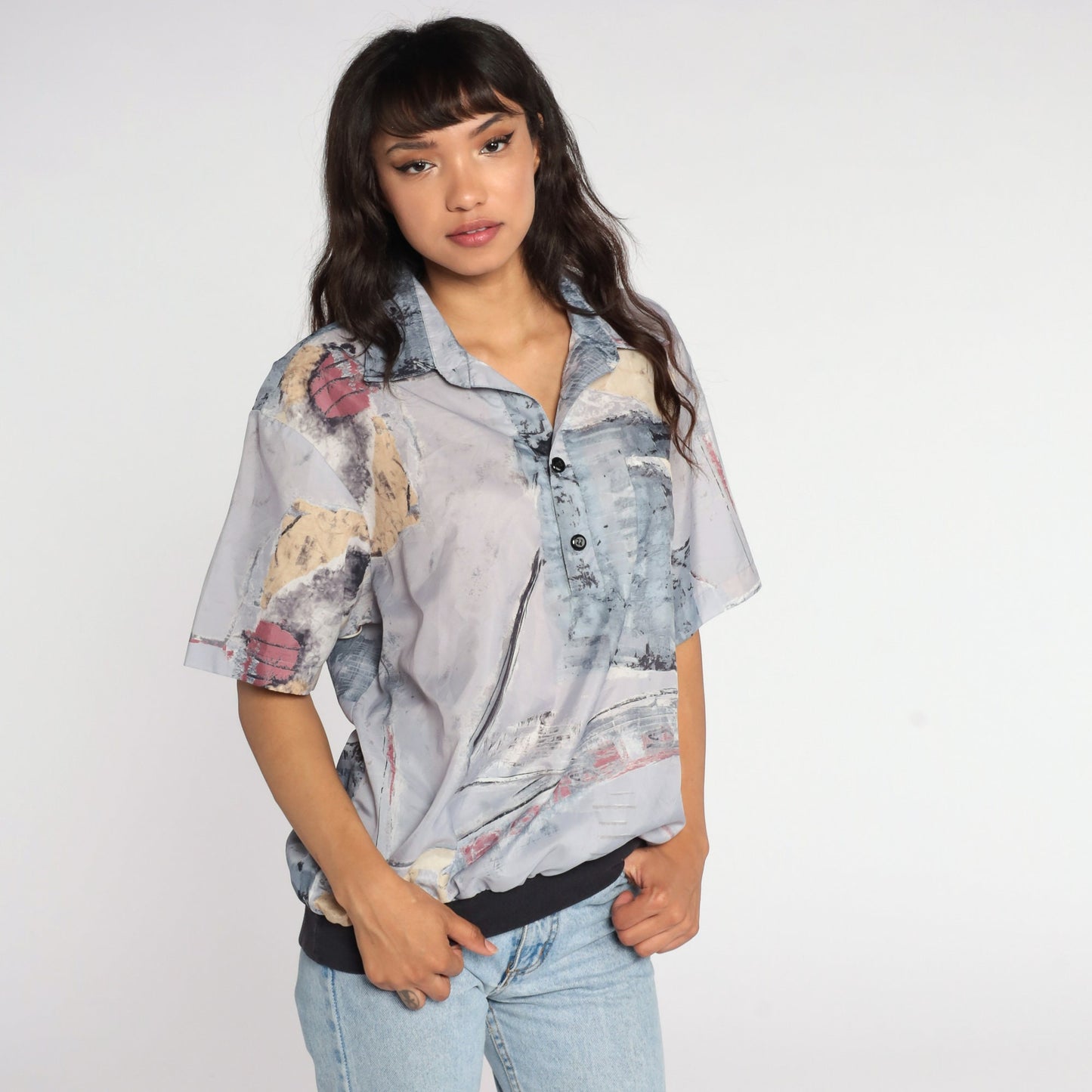 80s Abstract Brushstroke Button-Up Shirt Grey Polyester Blouse Large