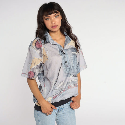 80s Abstract Brushstroke Button-Up Shirt Grey Polyester Blouse Large