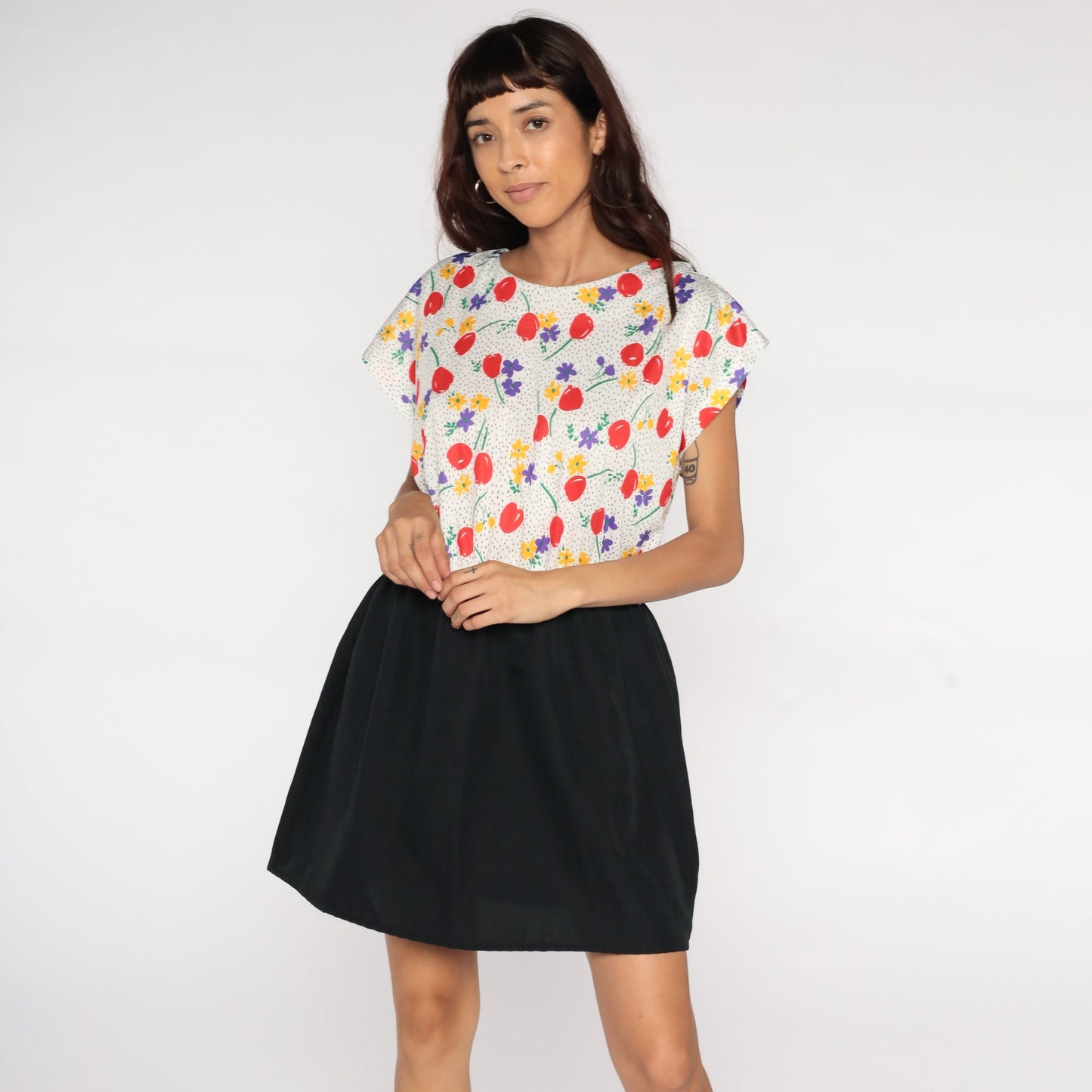 70s Floral Mini Dress White Bodice Black Skirt High Waist Wool Cap Sleeve Extra Large