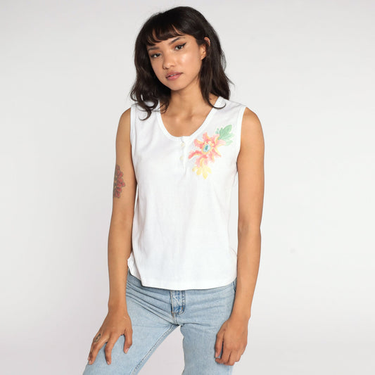 80s White Floral Tank Top Single Stitch Henley Sleeveless Small