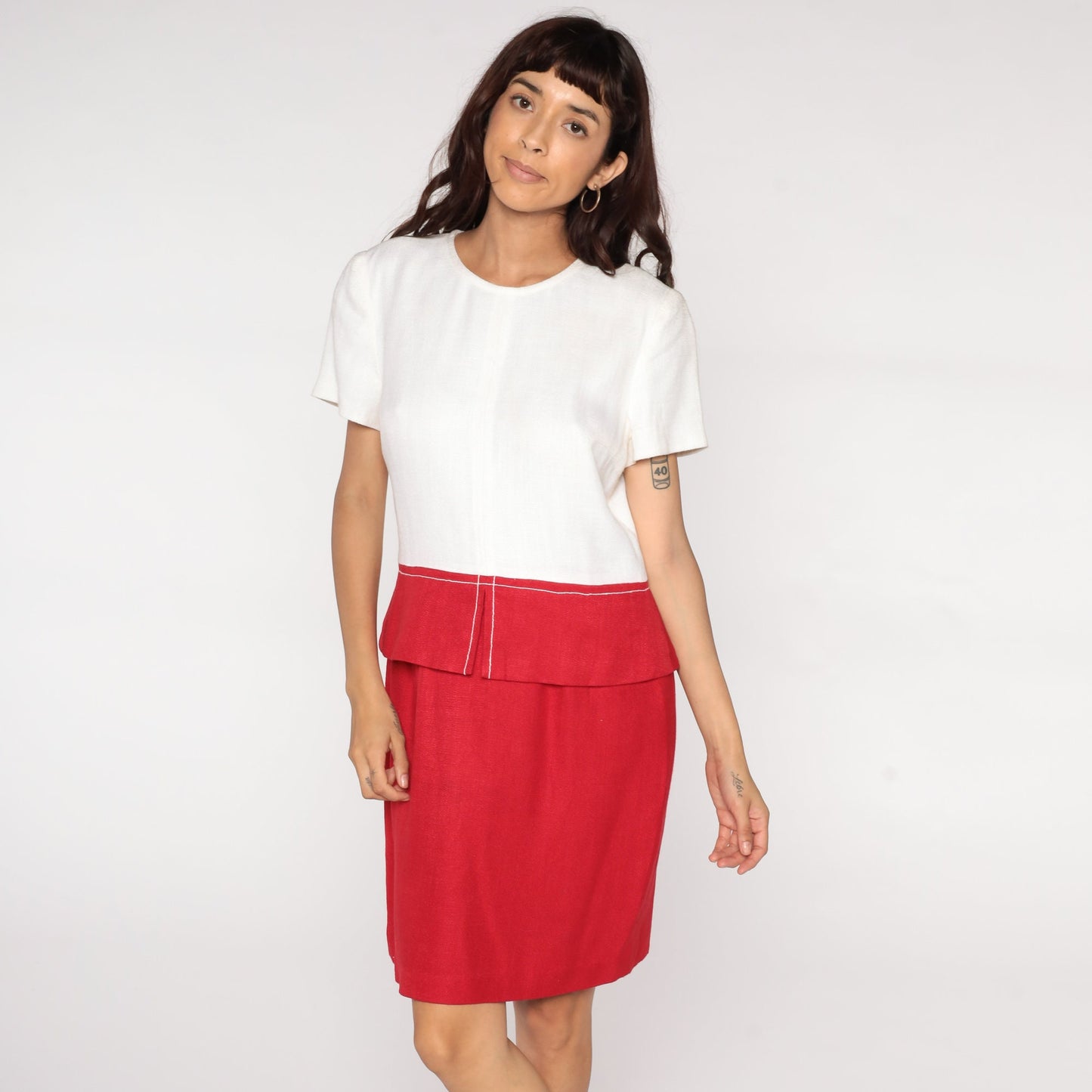 80s Red White Colour Block Pencil Dress High Waist Mini Short Sleeve Medium