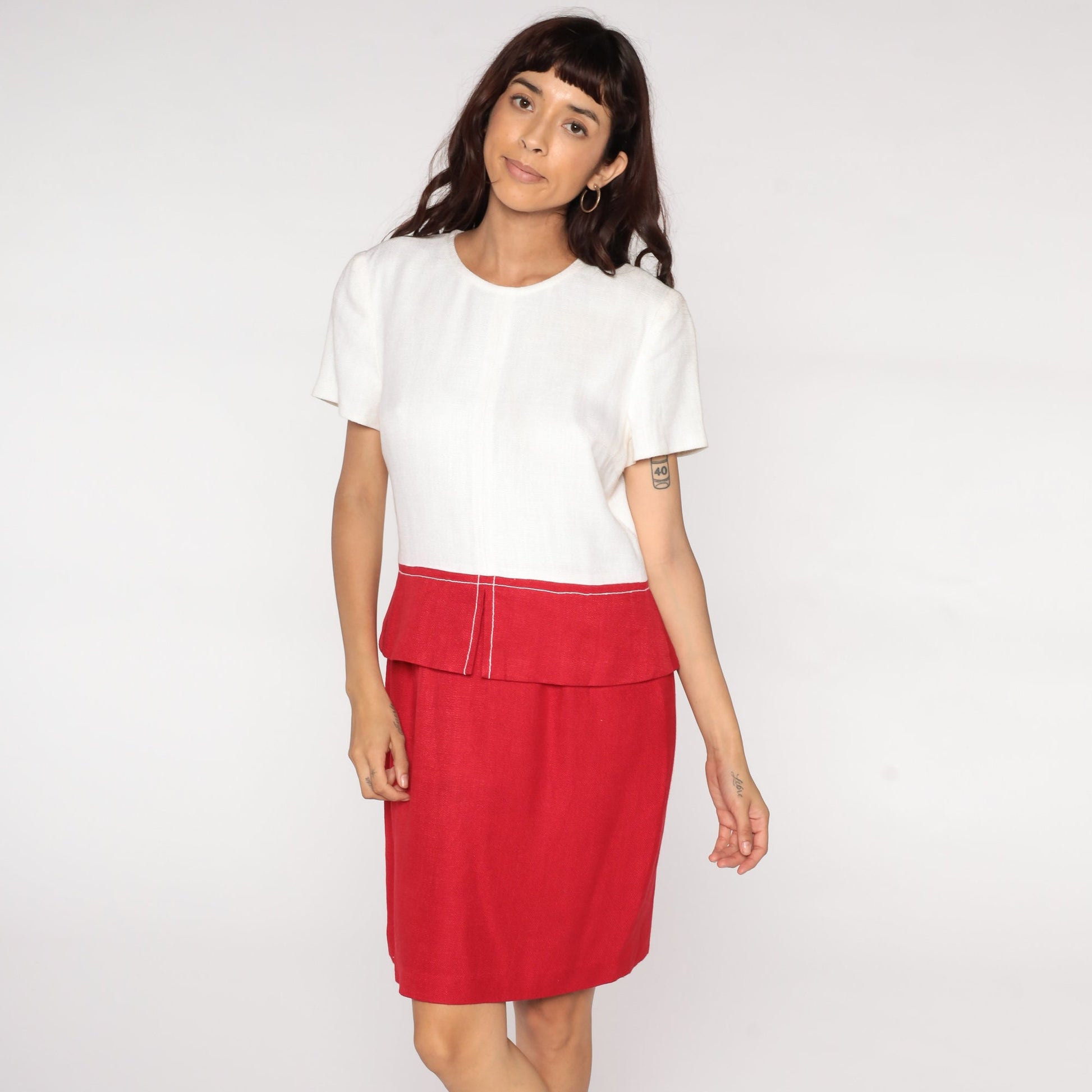 80s Red White Colour Block Pencil Dress High Waist Mini Short Sleeve Medium