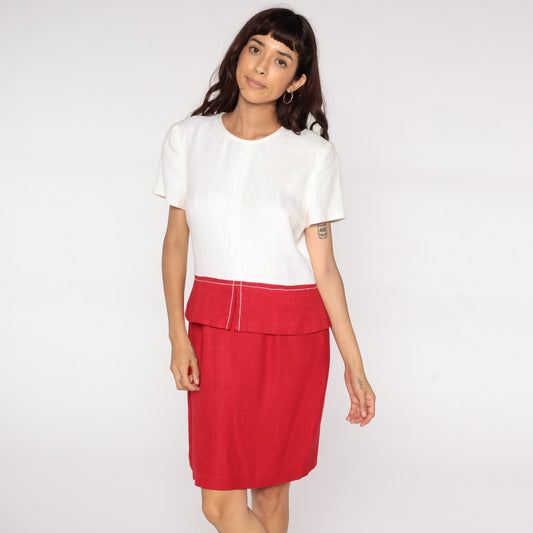 80s Red White Colour Block Pencil Dress High Waist Mini Short Sleeve Medium