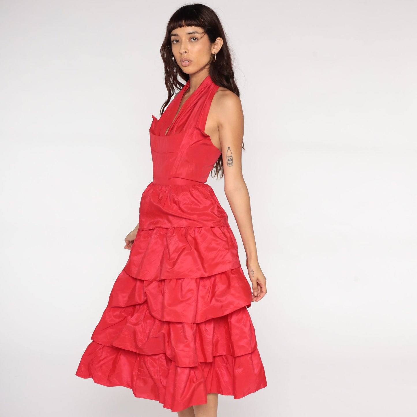 50s Red Halter Party Dress Tiered Skirt V Neck Tea Length Extra Small