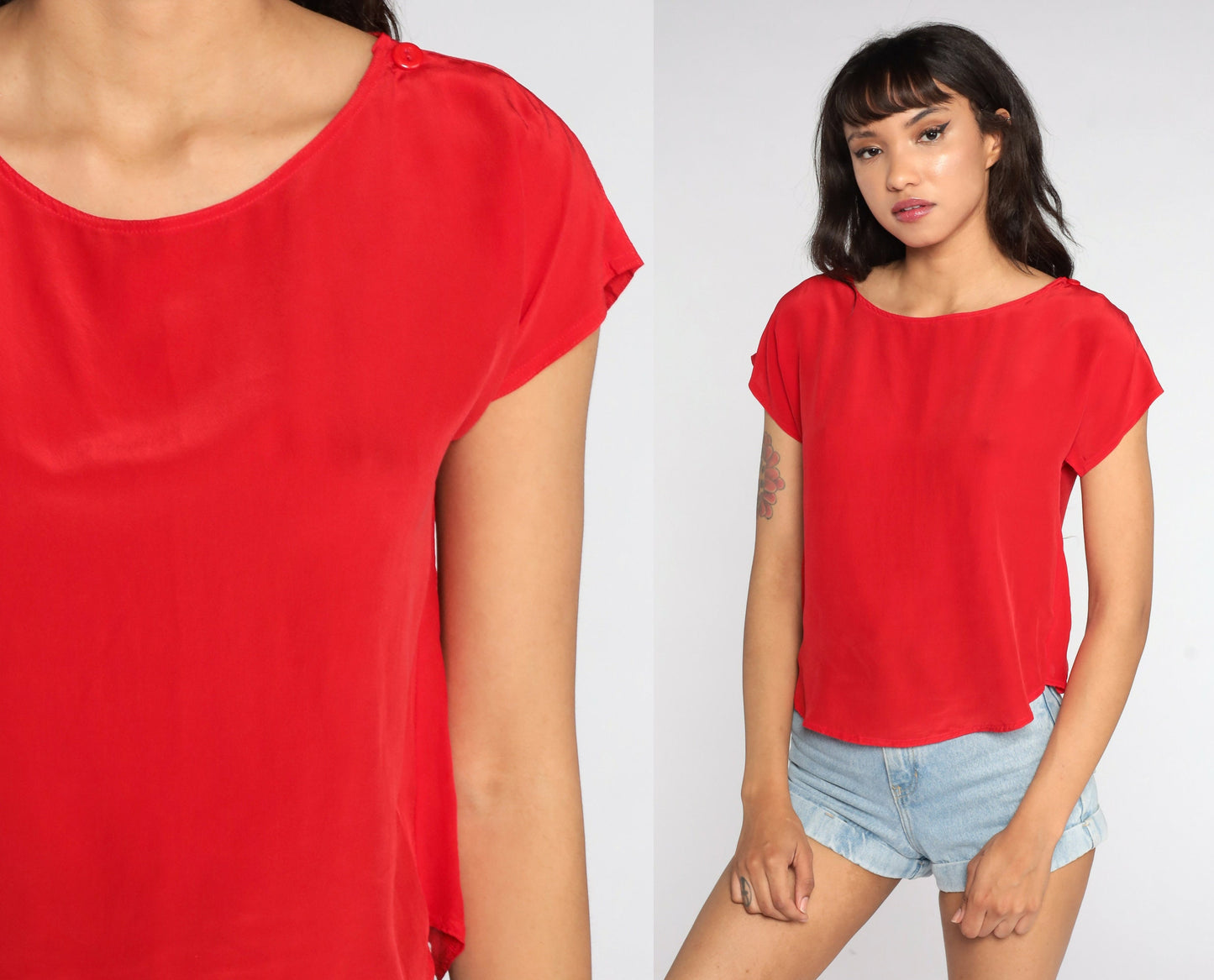 80s Red Silk Short Sleeve Blouse Jonathan Martin Small S
