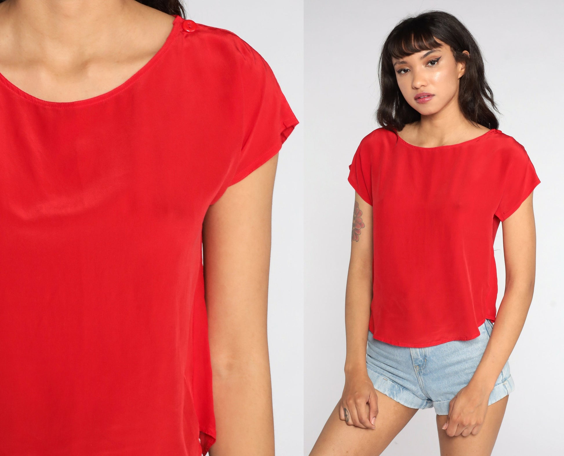 80s Red Silk Short Sleeve Blouse Jonathan Martin Small S