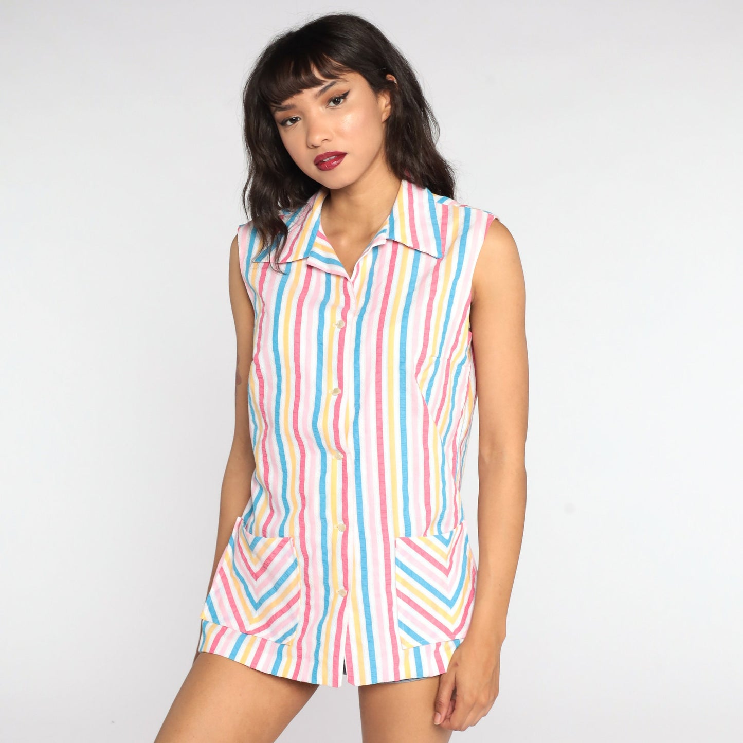 70s Rainbow Striped Button-Up Tank Top Sleeveless Blouse Medium Large