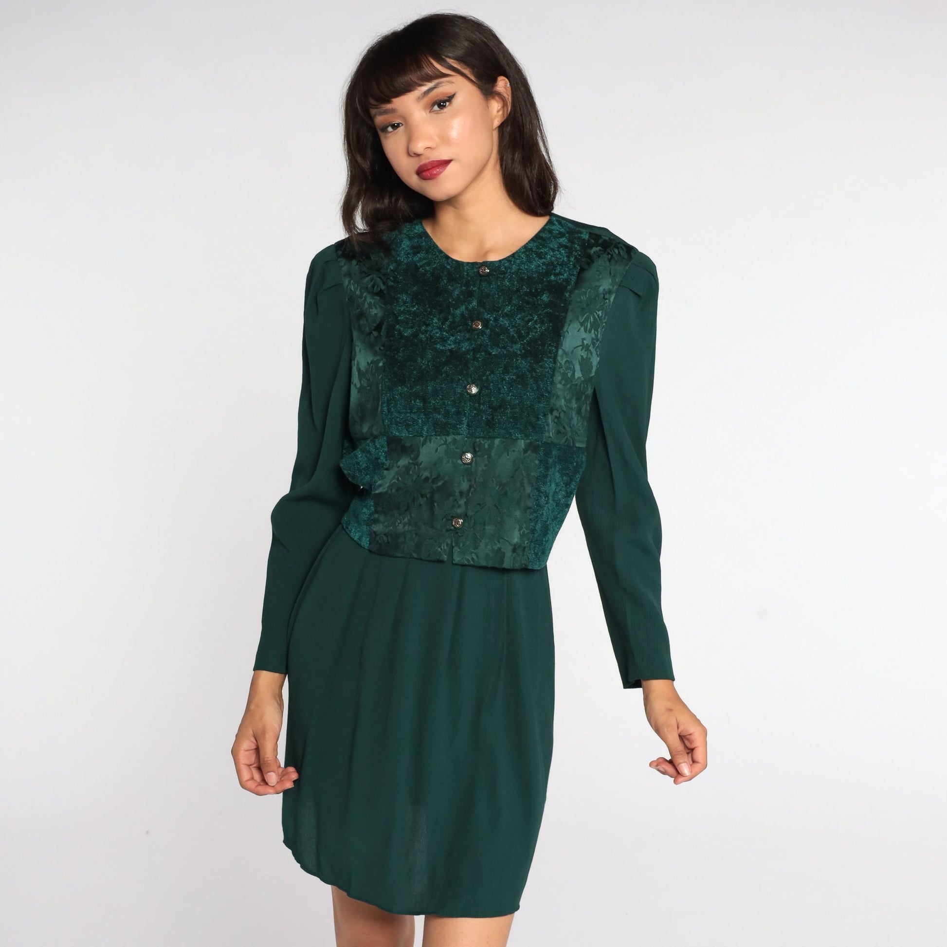 80s Green Mini Dress Button-Up Puff Sleeve Floral Embossed Large L