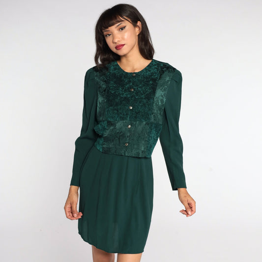 80s Green Mini Dress Button-Up Puff Sleeve Floral Embossed Large L