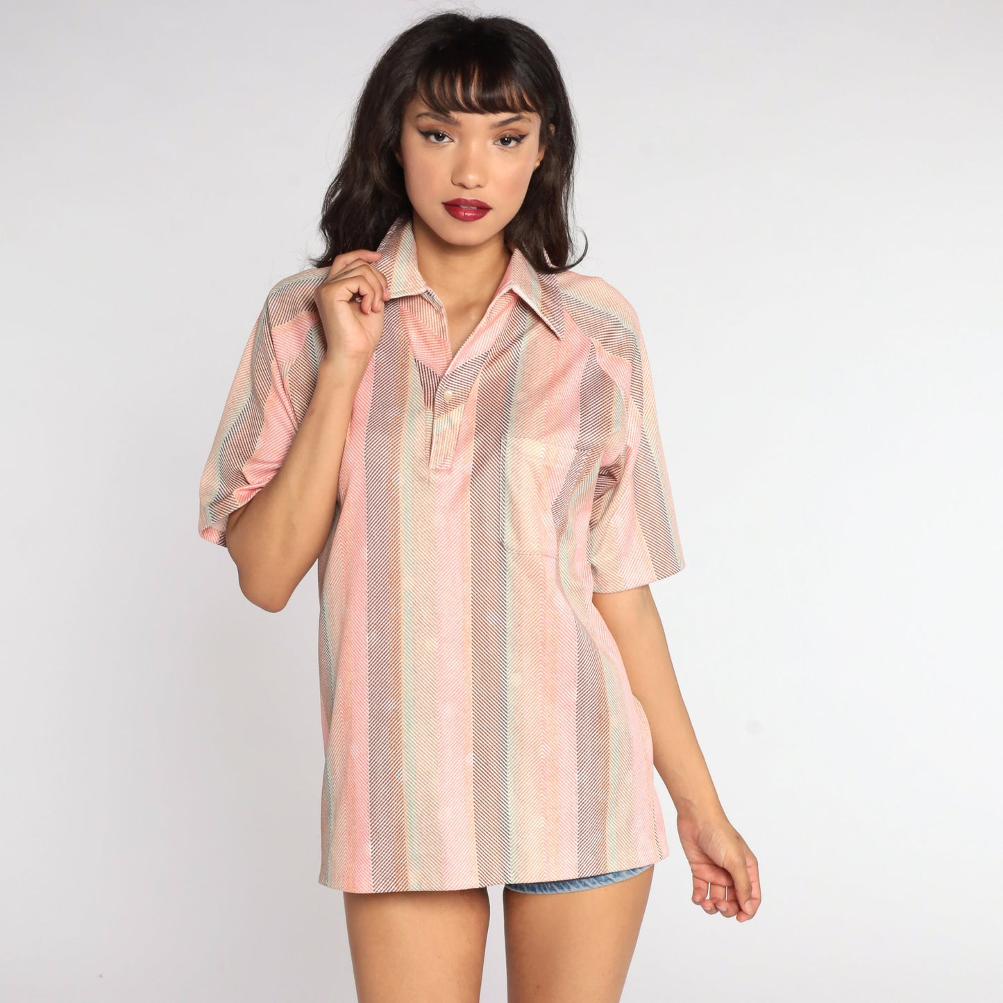 70s Pink Striped Polo Shirt Half Button Dagger Collar Large