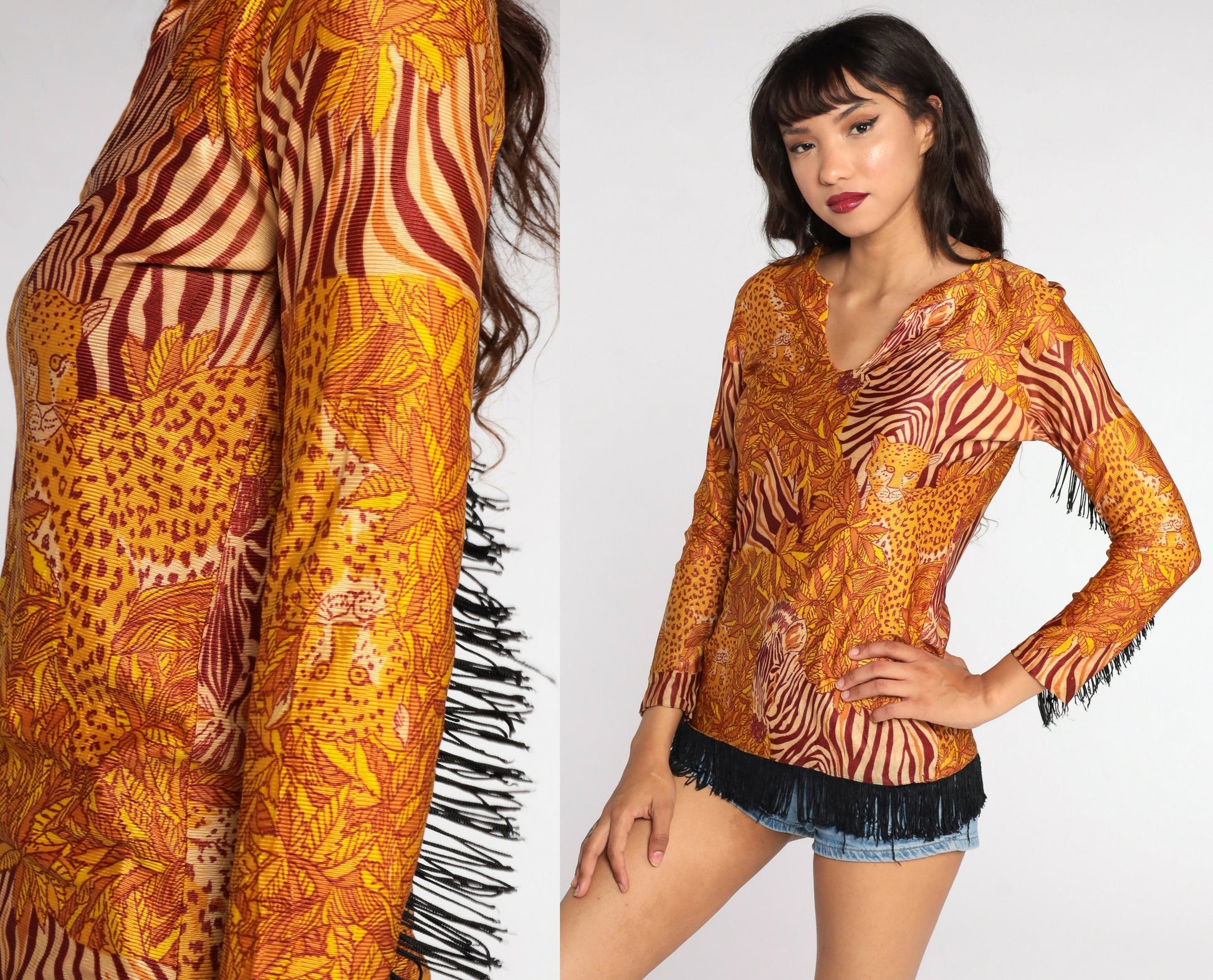 70s Leopard Zebra Animal Print Blouse Fringe Trim Small