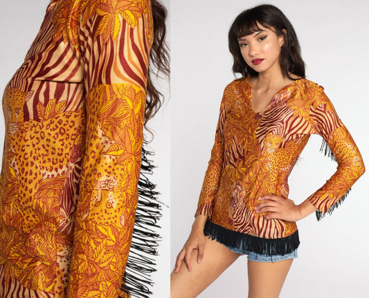 70s Leopard Zebra Animal Print Blouse Fringe Trim Small