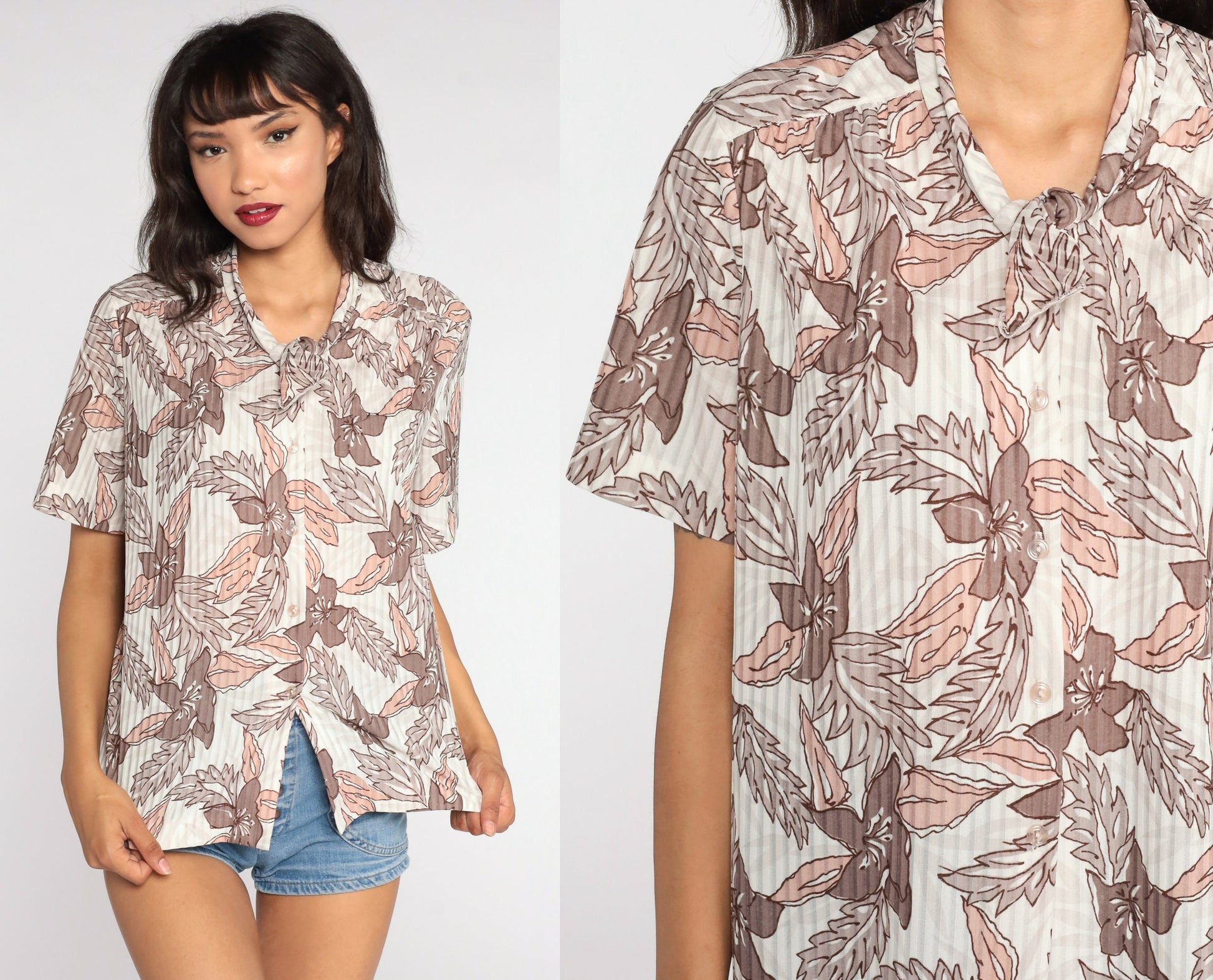 80s Floral Ascot Blouse Short Sleeve Button Up Cream Taupe Large