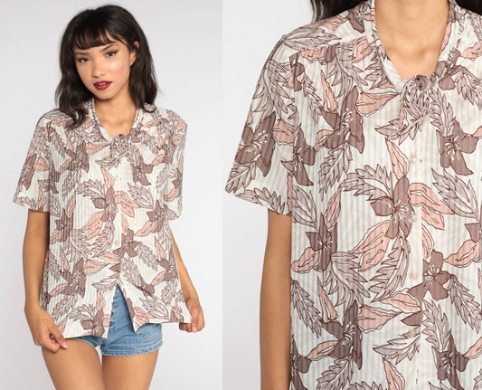 80s Floral Ascot Blouse Short Sleeve Button Up Cream Taupe Large