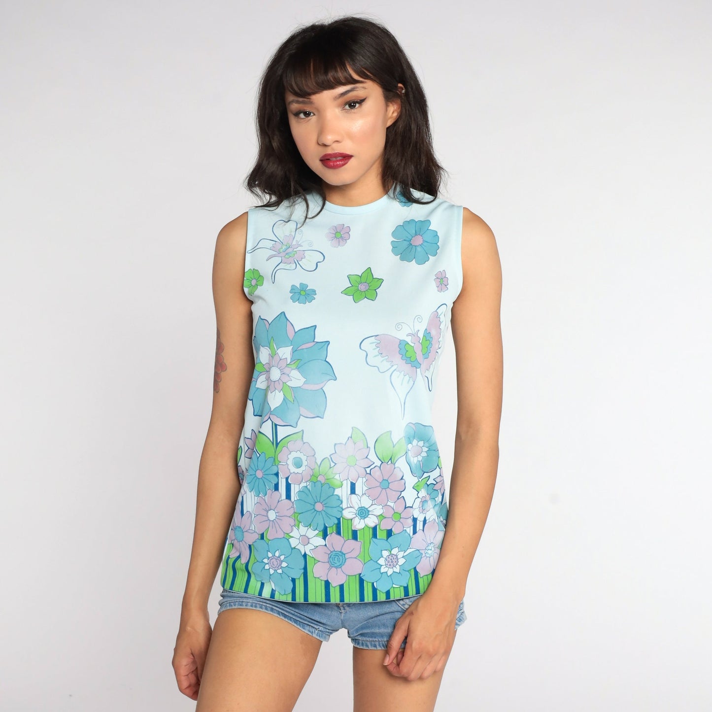 70s Butterfly Floral Tank Top Blue Psychedelic Sleeveless Blouse Small