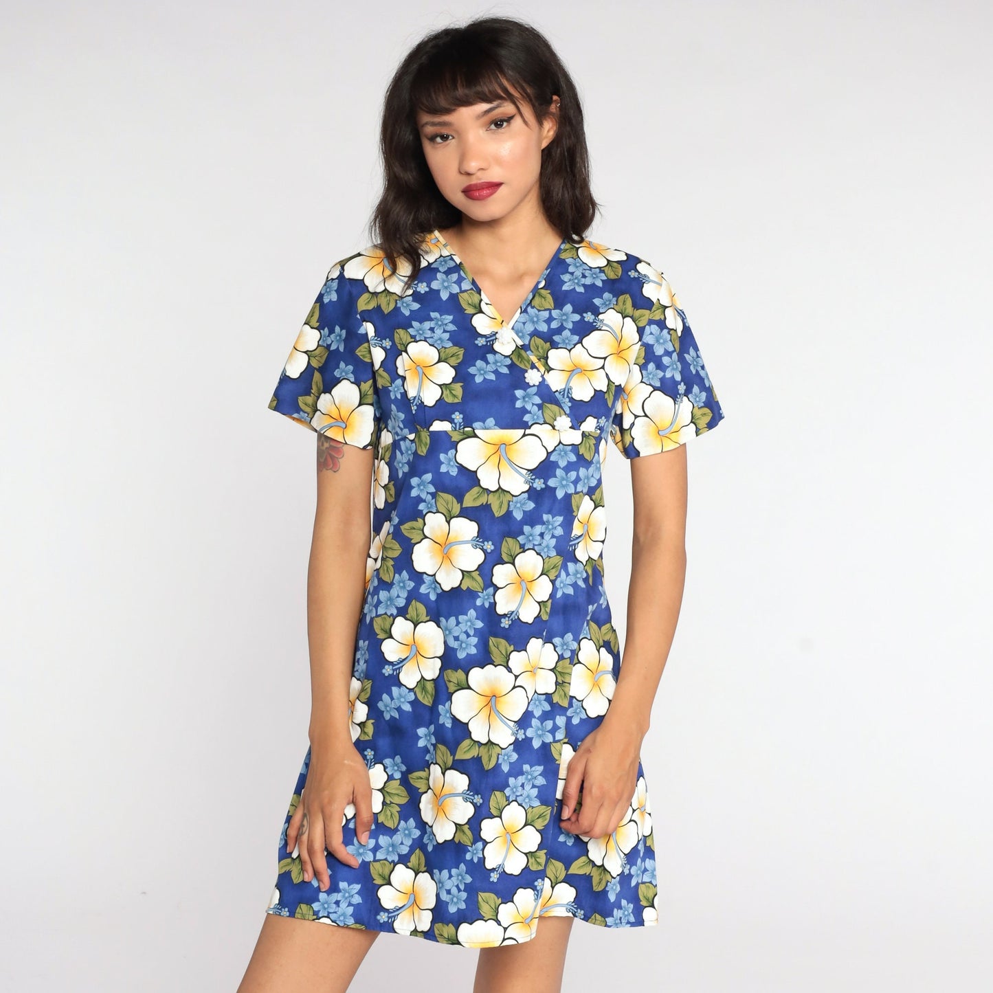 90s Floral Tropical Mini Dress Hibiscus Print Shift Blue Small