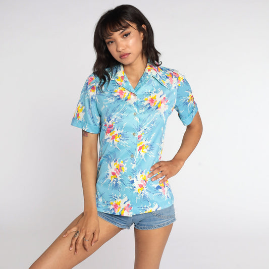 70s Abstract Floral Print Button-Up Blouse Pink Blue Short Sleeve Medium
