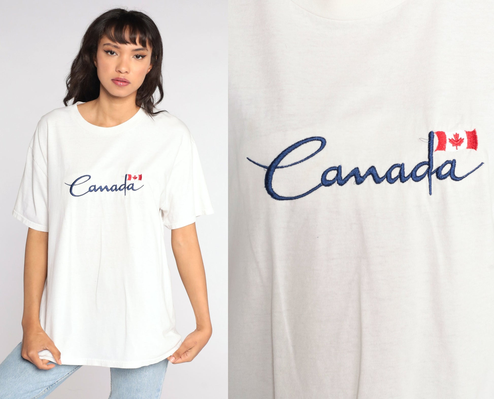 90s Canada Graphic T-Shirt White Embroidered Print Tee Large L
