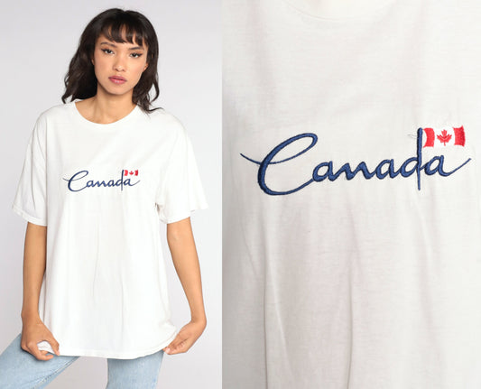 90s Canada Graphic T-Shirt White Embroidered Print Tee Large L