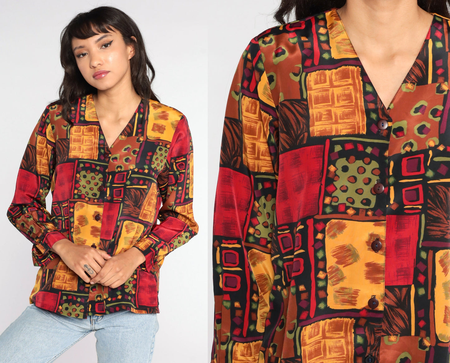 90s Geometric Print Button-Up Shirt Red Yellow Long Sleeve Medium Large
