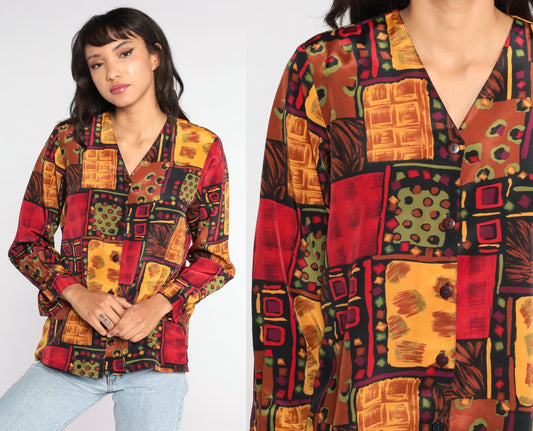 90s Geometric Print Button-Up Shirt Red Yellow Long Sleeve Medium Large