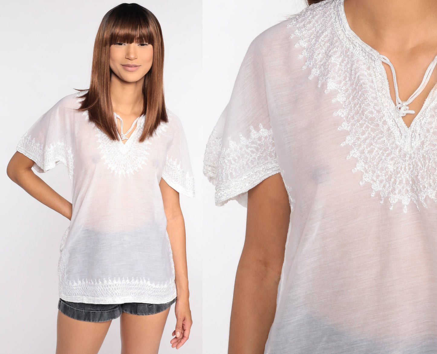 00s Sheer White Embroidered Floral Blouse Short Sleeve Top Small S