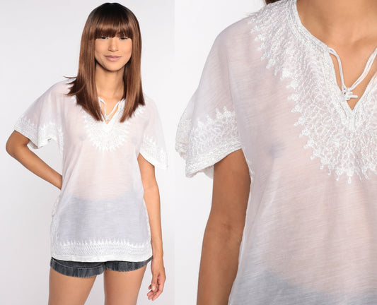 00s Sheer White Embroidered Floral Blouse Short Sleeve Top Small S