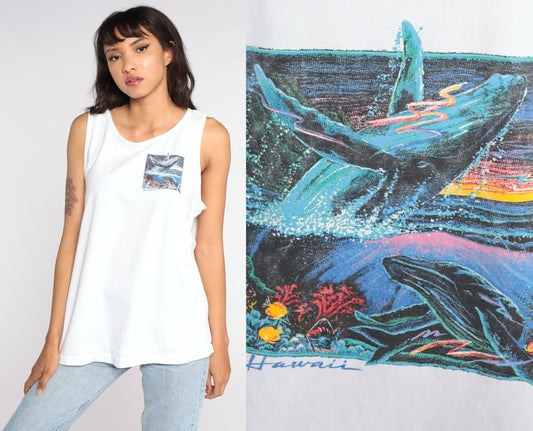 90s Maui Whale Watchers Association Tank Top Graphic Sleeveless Tee White Large