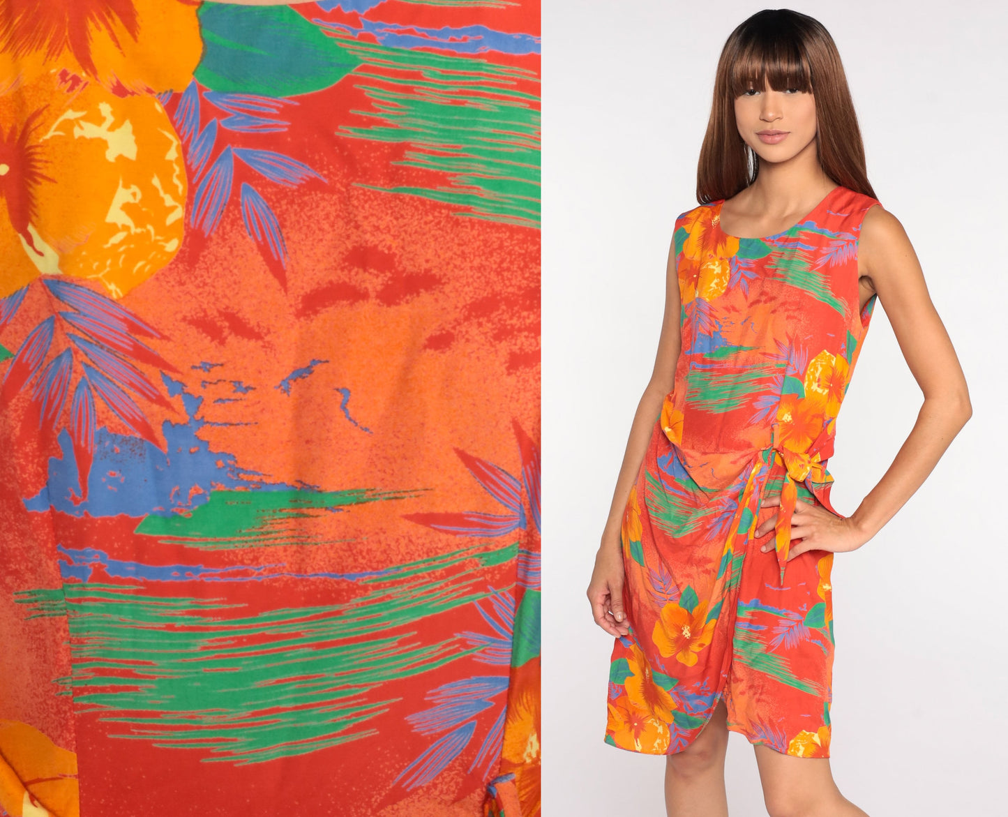 80s Tropical Floral Mini Wrap Dress Orange Short Sleeve Medium