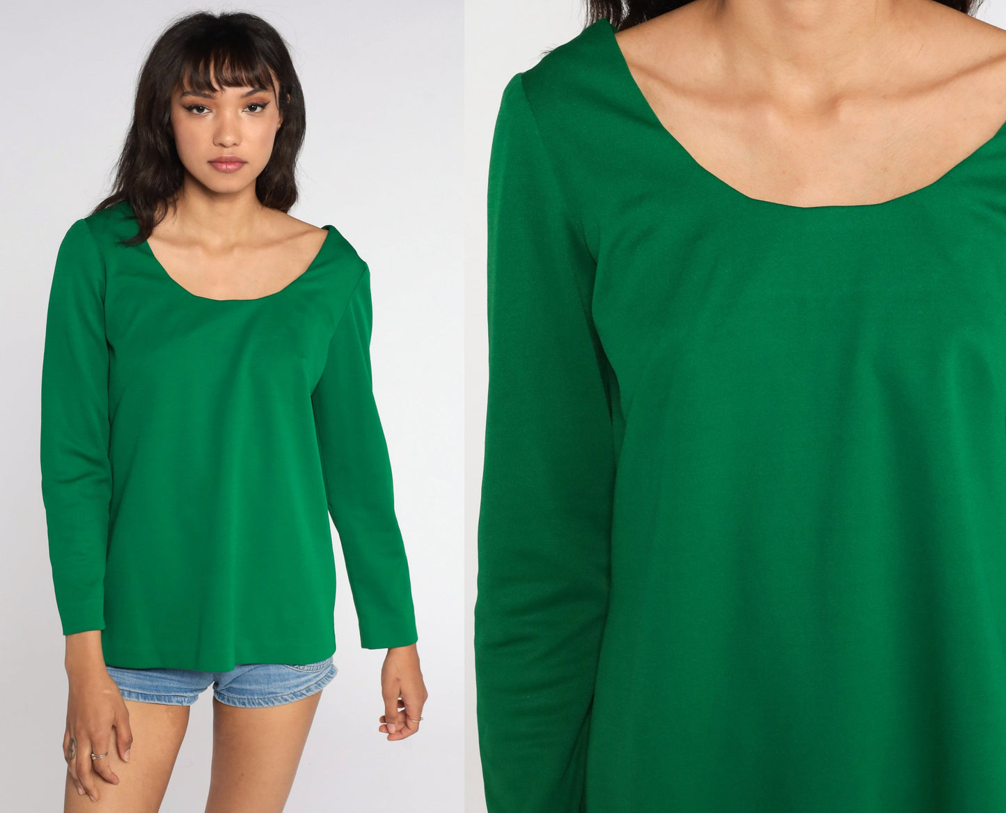 70s Kelly Green Long Sleeve Scoop Neck Shirt Polyester Small Medium