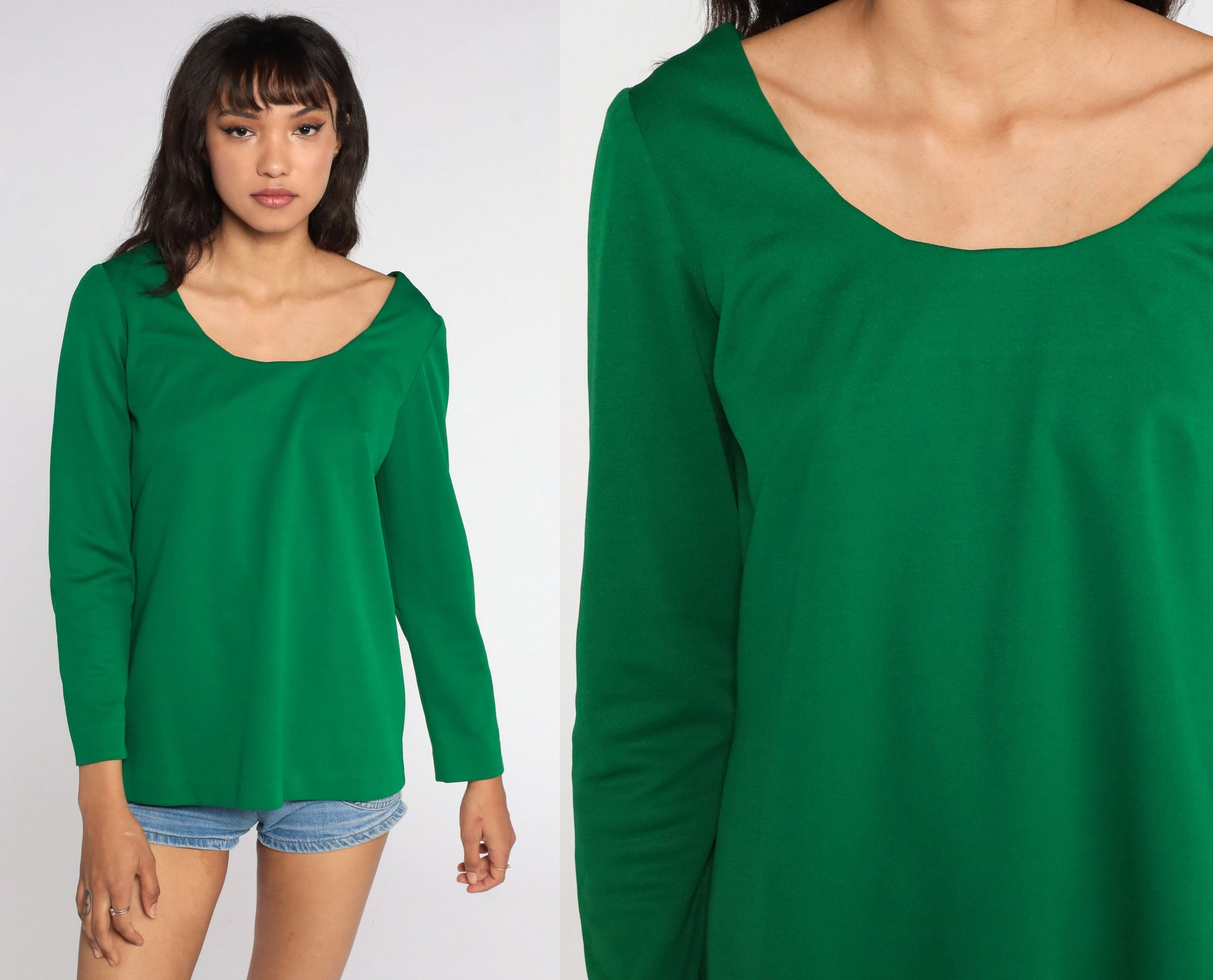 70s Kelly Green Long Sleeve Scoop Neck Shirt Polyester Small Medium
