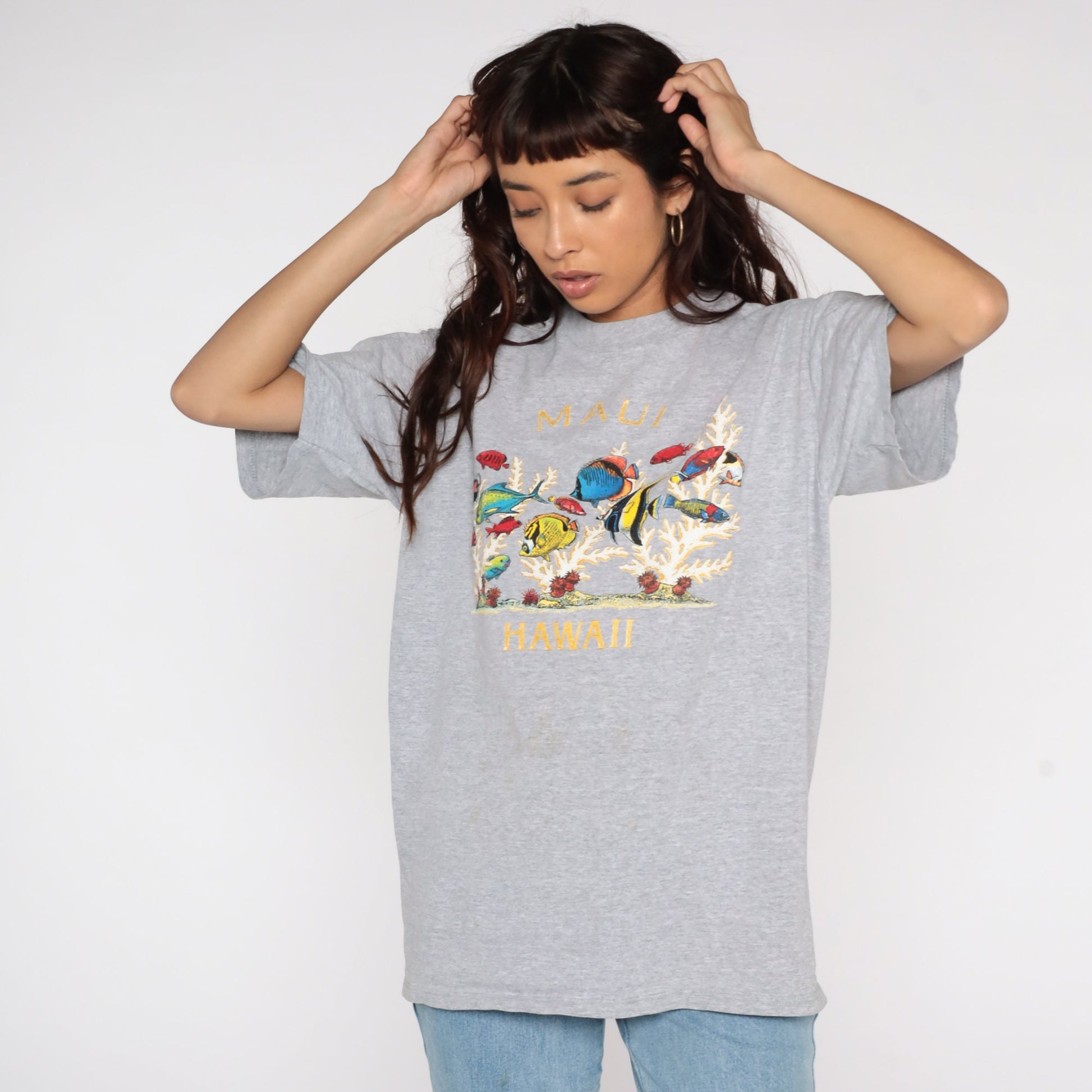 90s Maui Tropical Fish Graphic T-Shirt Grey Large L