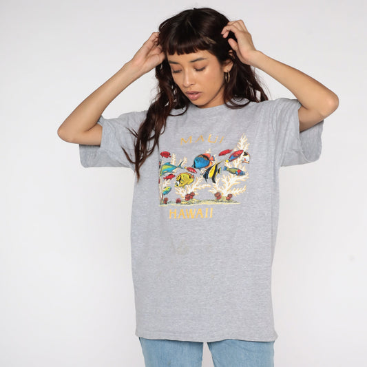 90s Maui Tropical Fish Graphic T-Shirt Grey Large L
