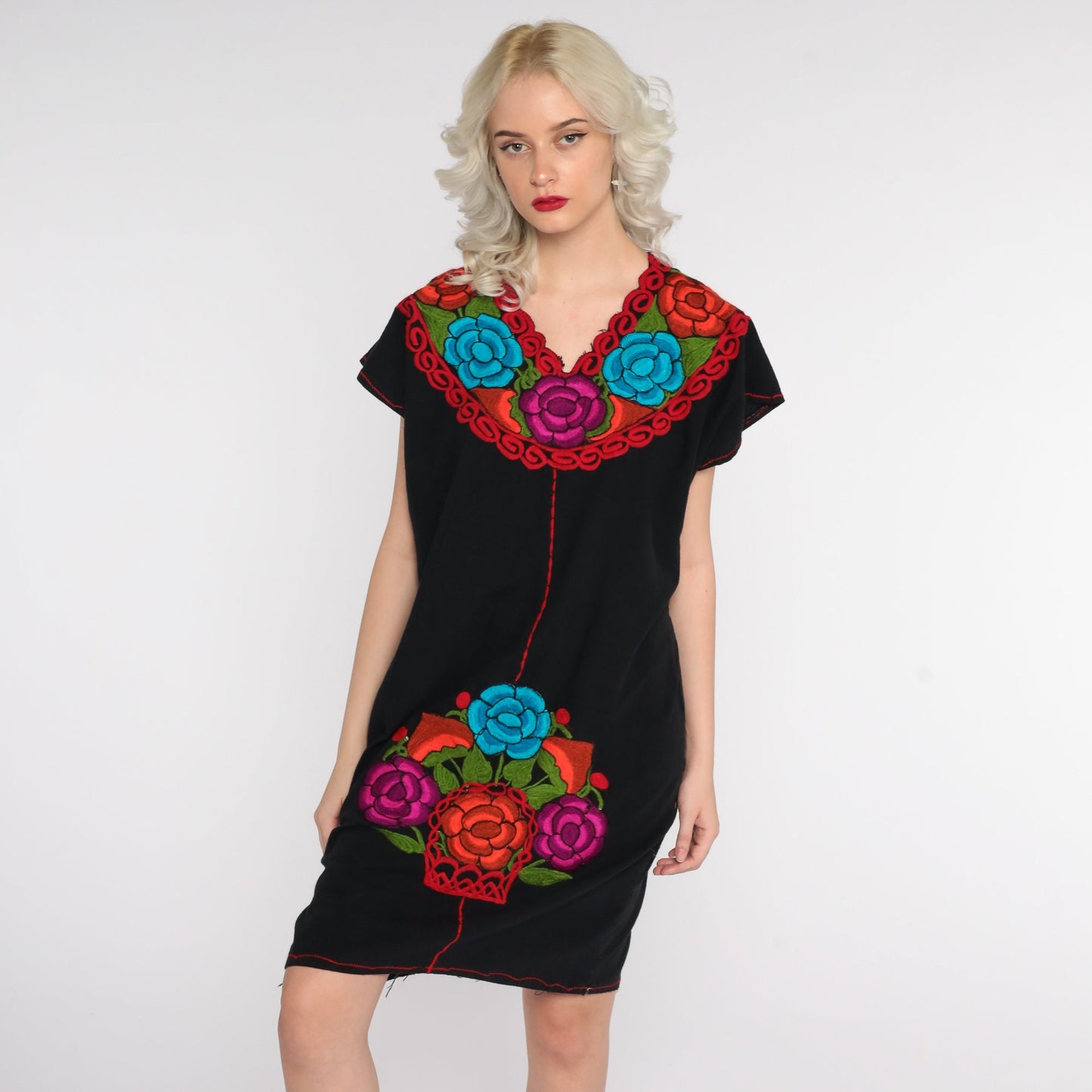 80s Black Cotton Mexican Tunic Dress Floral Embroidery Medium