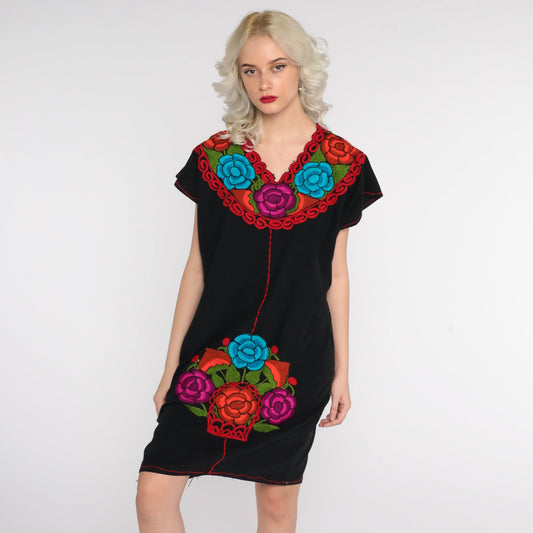 80s Black Cotton Mexican Tunic Dress Floral Embroidery Medium