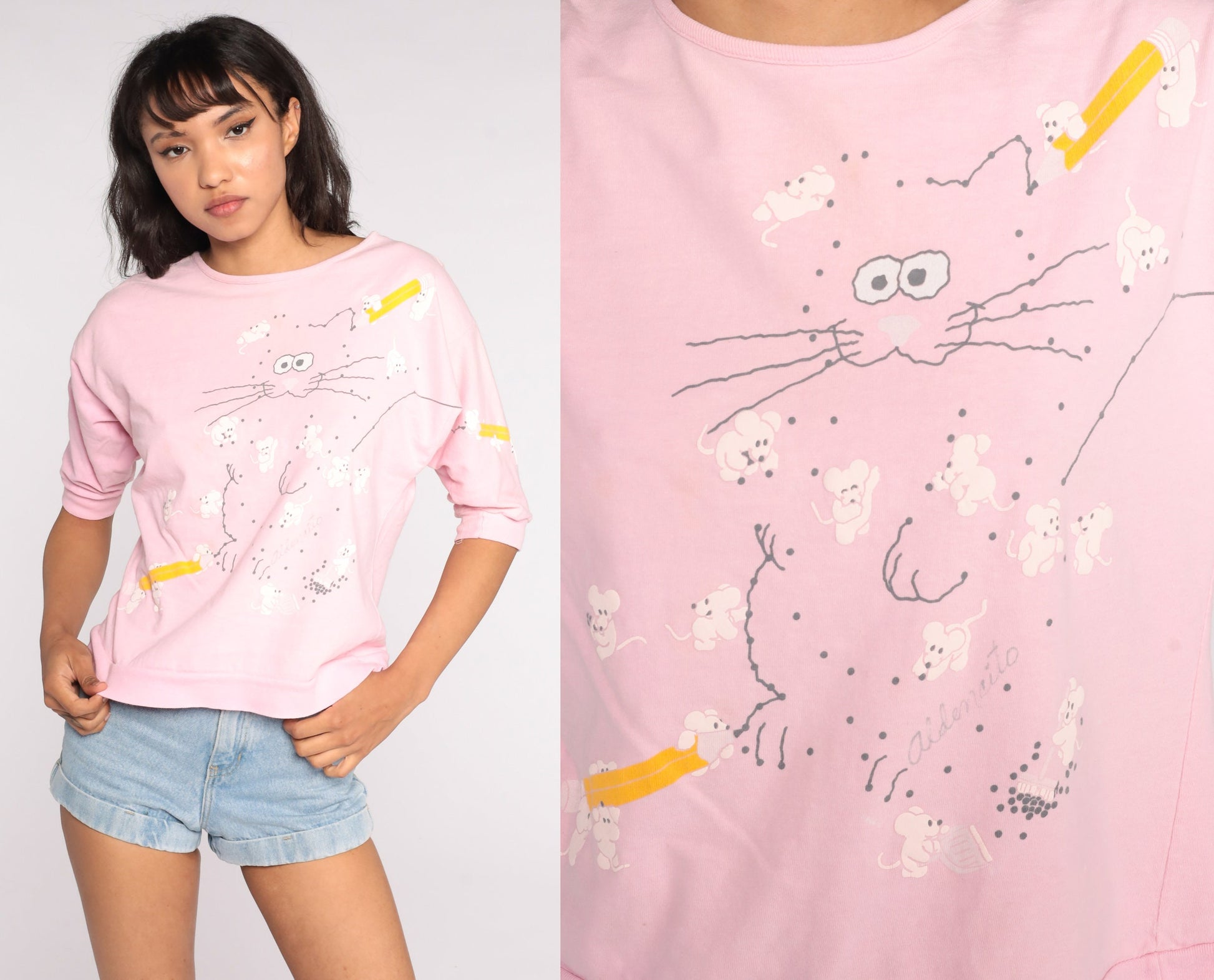 80s Cat Mouse Connect The Dots Graphic T-Shirt Baby Pink Cotton Small