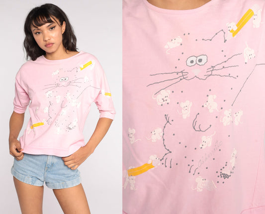80s Cat Mouse Connect The Dots Graphic T-Shirt Baby Pink Cotton Small