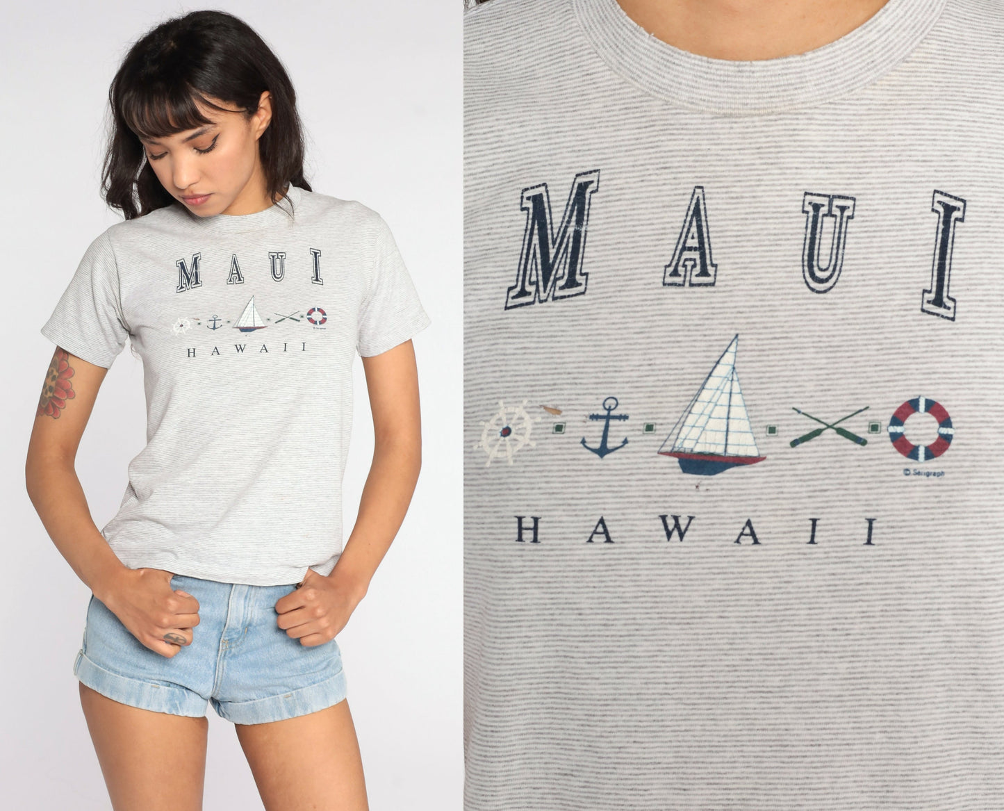 90s Hawaii Maui Nautical Sailboat Graphic Tee Grey Extra Small