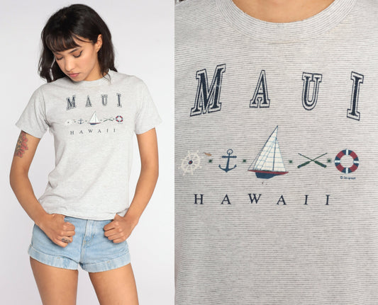 90s Hawaii Maui Nautical Sailboat Graphic Tee Grey Extra Small