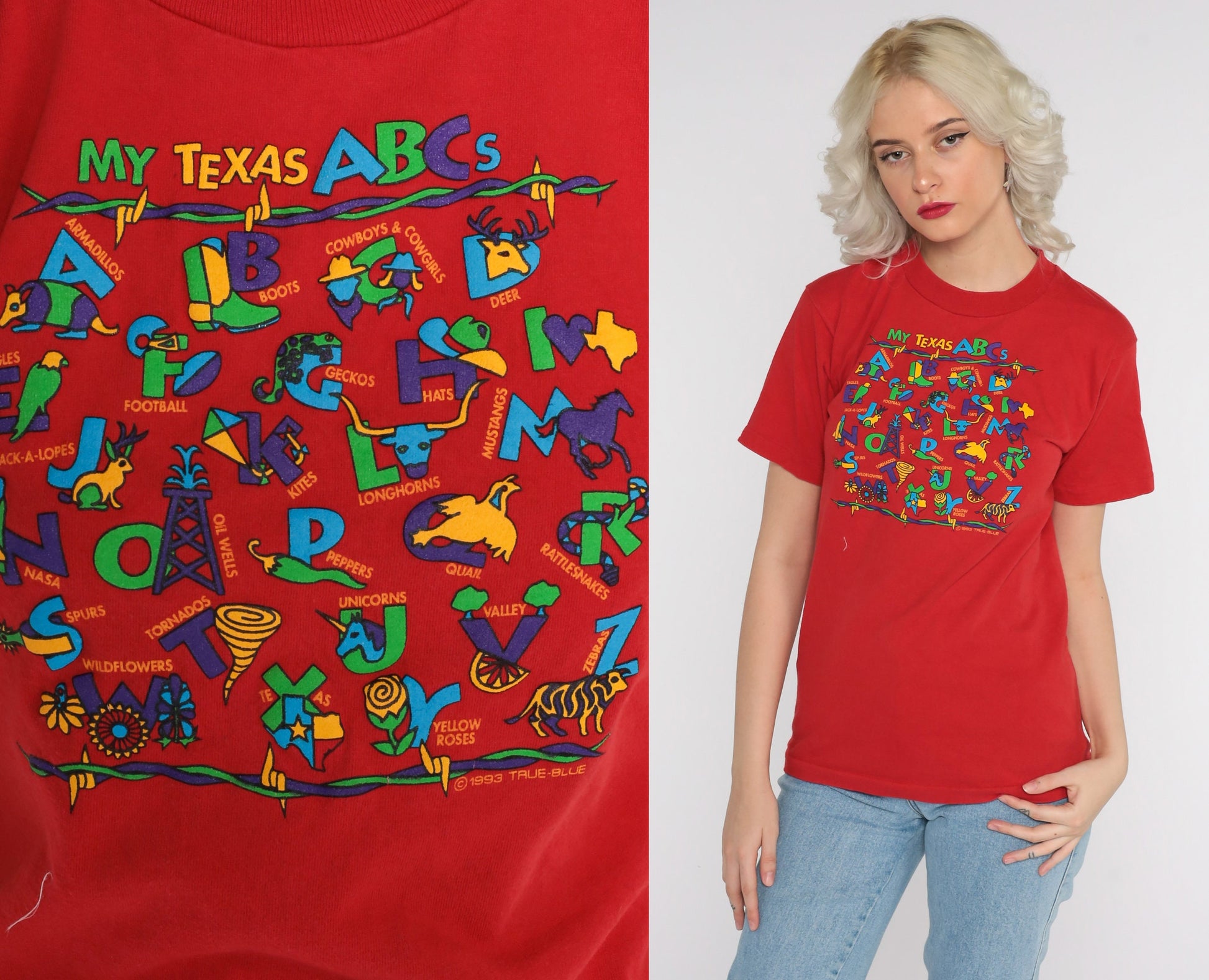 90s Texas ABCs Graphic T-Shirt Red Cotton Tee Extra Small XS