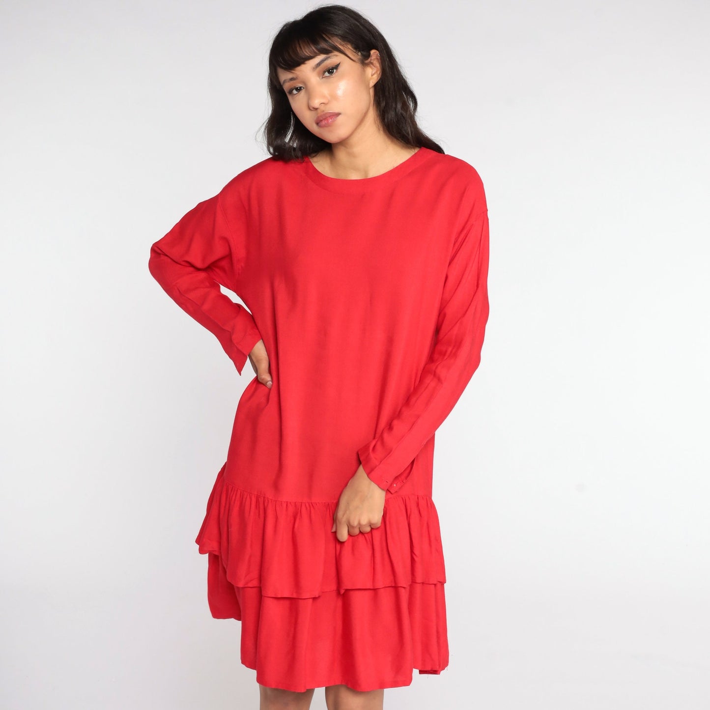 80s Red Tiered Midi Dress Drop Waist Shift Flounce Long Sleeve Medium