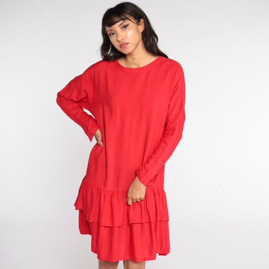 80s Red Tiered Midi Dress Drop Waist Shift Flounce Long Sleeve Medium