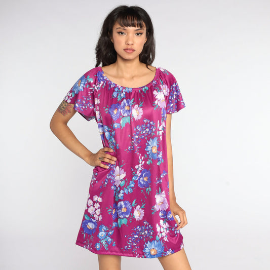 70s Purple Floral Mini Dress Tent Cut Short Sleeve Large