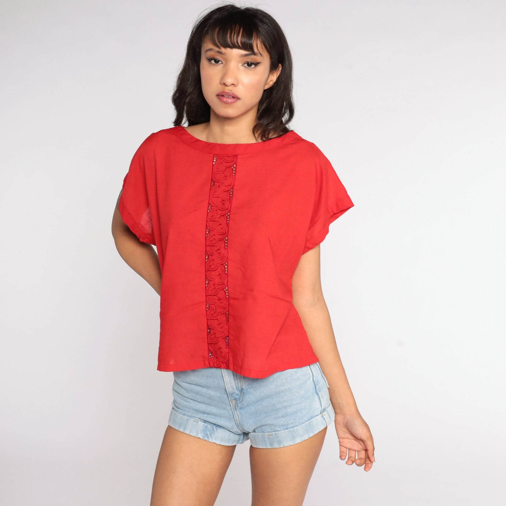 80s Red Embroidered Cutwork Blouse Short Sleeve Cutout Top Large L