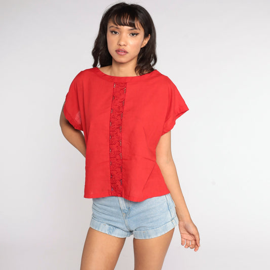 80s Red Embroidered Cutwork Blouse Short Sleeve Cutout Top Large L