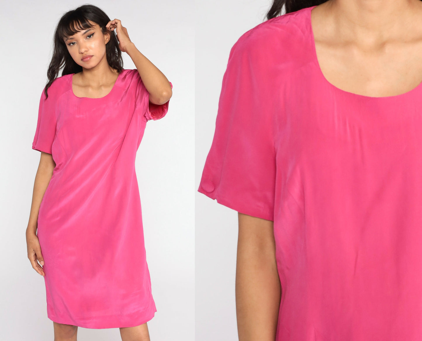 80s Pink Silk Sheath Dress Short Sleeve Mini Large